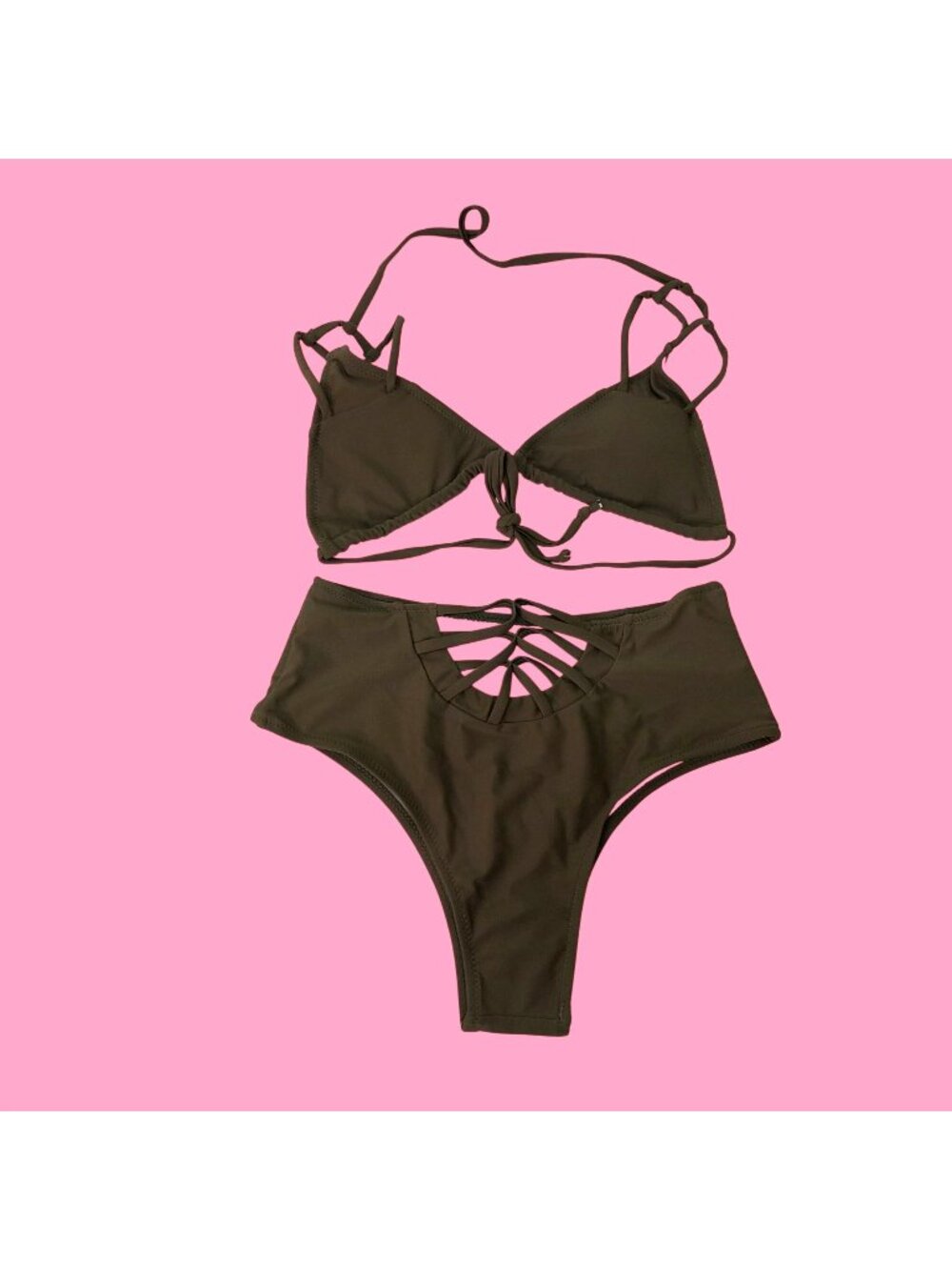 NWT Two-Piece Olive Green Bikini Size M With High-Waist Bottoms & Strappy Back